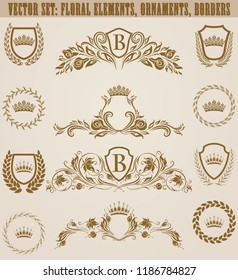 Set of golden monograms with floral elements for page, web