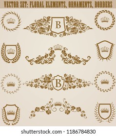 Set of golden monograms with floral elements for page, web