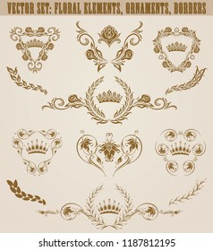 Set of golden monograms with floral elements for page, web design. Filigree royal shields, old frames, borders in vintage style for label, emblem, badge, logo, wedding card, invitation. Illustration.