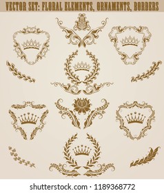 Set of golden monograms with floral elements for page, web design. Filigree royal shields, old frames, borders in vintage style for label, emblem, badge, logo, wedding card, invitation. Illustration.