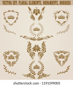 Set of golden monograms with floral elements for page, web design. Filigree royal shields, old frames, borders in vintage style for label, emblem, badge, logo, wedding card, invitation. Illustration.