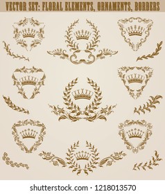 Set of golden monograms with floral elements for page, web design. Filigree royal shields, old frames, borders in vintage style for label, emblem, badge, logo, wedding card, invitation. Illustration.