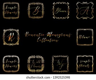 Set of Golden Monograms with Floral Hand Drawn Frames. Wedding invitation and RSVP Border design. Cosmetics and Beauty Shop Organic Logo Template. Trendy Luxury Ornament for Greeting Card. 