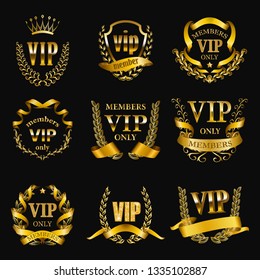 Set of golden monograms for graphic design on black background. Elegant graceful frame, filigree border, ribbons in retro style for template vip card, party invitation, logo, icon. Vector illustration