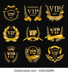 Set of golden monograms for graphic design on black background. Elegant graceful frame, filigree border, ribbons in retro style for template vip card, party invitation, logo, icon. Vector illustration