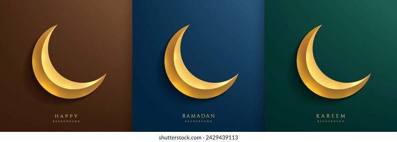 Set of golden moon in Ramadan Kareem festival on green, dark blue and brown background. Islamic greeting card template with Eid al Adha Mubarak for wallpaper, Poster, Media banner, card. Vector EPS10