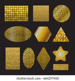 Set of Golden Mosaic ceramic tile design elements in different forms: square, circle, triangle, oval, rectangle, polyhedron, rhombus, star. Abstract gold texture background. Vector illustration