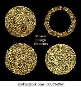 Set of Golden Mosaic design elements in circle forms. Abstract background. Ceramic tile texture. Easy to recolor. 