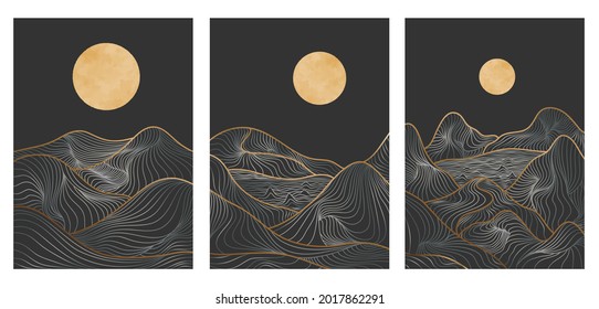 set of Golden mountain line art, Abstract mountain contemporary aesthetic backgrounds landscapes. use for print art, cover, invitation background, fabric. Vector illustration