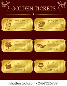 A set of golden movie tickets. Classic ticket design. Gradient background and movie symbols. Film, camera, glasses, director's chair. Vector graphics