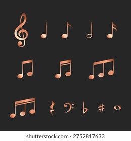 Set of golden musical notes and symbols, vector illustration.
