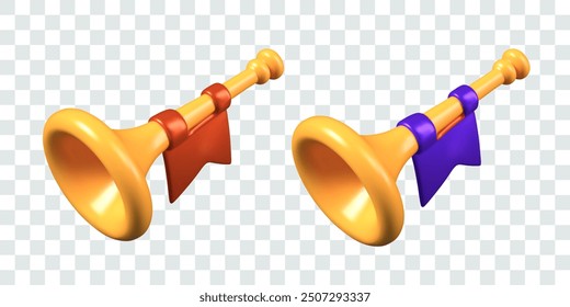 Set of golden musical trumpets with flags of different colors. Bugle for victory and defeat