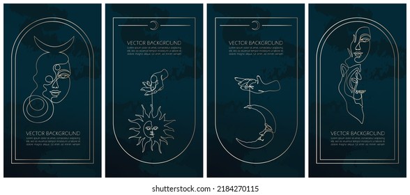 Set of golden mysterious vector illustrations for stories templates, mobile app, landing page, web design, posters. Occult magic background for astrology, fortune telling, tarot concept. One line art 