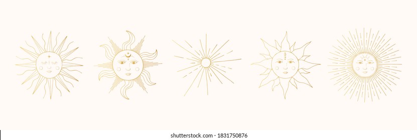 Set of golden mystic and celestial suns with faces. Vector space illustration in boho style. Gold sunbursts.