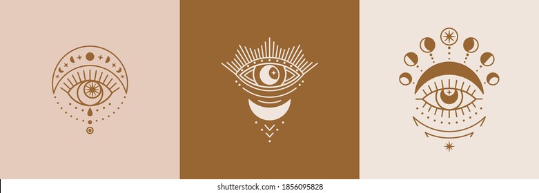 Set of Golden Mystical Eyes, Sun and Moon Icons in a Trending Minimal Linear Style. Vector Isoteric Illustration for t-shirt Prints, Boho Posters, Covers, Logo Designs and Tattoos.