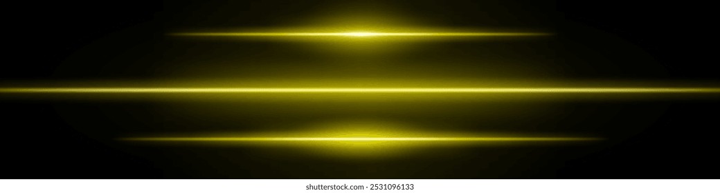Set golden neon stripes or light flash. Thin line with a white highlight. Laser beams, horizontal beams. Beautiful light reflections. Glowing stripes on a black background.