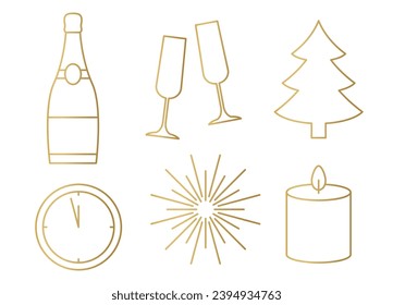 set of golden New Year's Eve icons: champagne bottle and glasses, christmas tree, clock, fireworks and candle- vector illustration