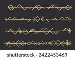 Set golden nordic celtic runes borders, dividers norse protection symbols line style, amulet, witchcraft signs on dark background.