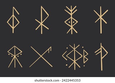 Set golden nordic celtic runes borders, norse protection symbols line style, amulet, witchcraft signs on dark background.