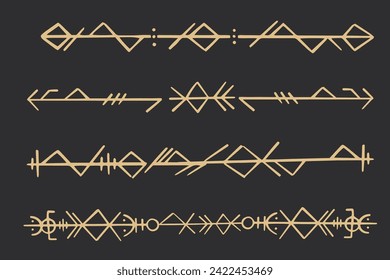 Set golden nordic celtic runes borders, dividers norse protection symbols line style, amulet, witchcraft signs on dark background.