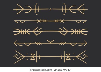 Set golden nordic celtic runes borders, dividers norse protection symbols line style, amulet, witchcraft signs on dark background.