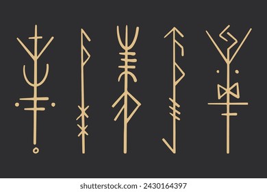 Set golden nordic celtic runes borders, norse protection symbols line style, amulet, witchcraft signs on dark background.