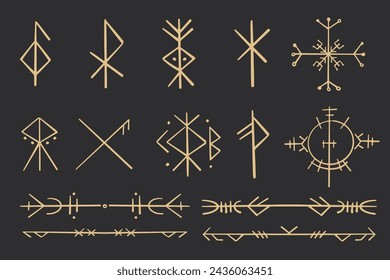 Set golden nordic celtic runes borders, norse protection symbols line style, amulet, witchcraft signs on dark background.