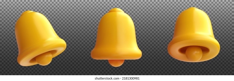 Set golden notification bell in 3d realistic cartoon style isolated on transparent background. Collection minimal modern glossy ringing bells various view. Cute colorful vector illustration.