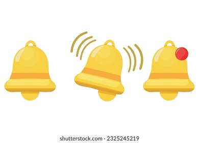 set of golden notification bells in flat style for an alarm clock, attention, alert, signal, new message, new subscriber, and reminder 2D icons.