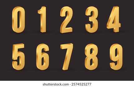 Set of golden number 3D Style Font. Isolated numbers 0, 1, 2, 3, 4, 5, 6, 7, 8, 9. Birthday golden metal numbers. Golden numbers set. Realistic 3D vector.  Vector illustration.