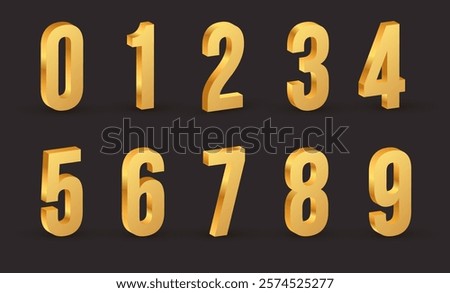 Set of golden number 3D Style Font. Isolated numbers 0, 1, 2, 3, 4, 5, 6, 7, 8, 9. Birthday golden metal numbers. Golden numbers set. Realistic 3D vector.  Vector illustration.