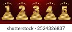 Set of Golden Number Award on Podium Stage. Number Ranking 1 2 3 4 5. Vector Illustration Isolated on White Background.