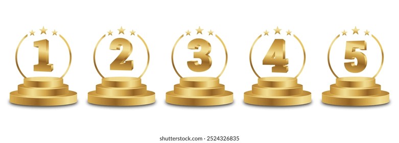 Set of Golden Number Award on Podium Stage (em inglês) . Número Classificação 1 2 3 4 5. Ilustração de vetor isolada no plano de fundo branco.