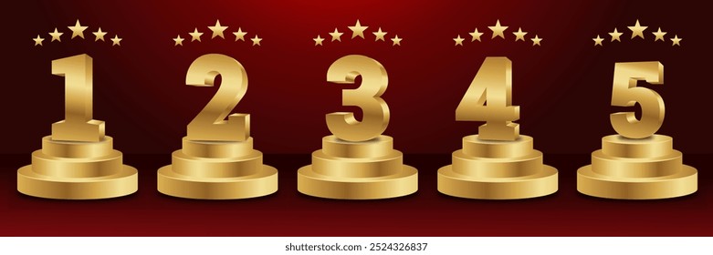 Set of Golden Number Award on Podium Stage. Number Ranking 1 2 3 4 5. Vector Illustration Isolated on White Background.