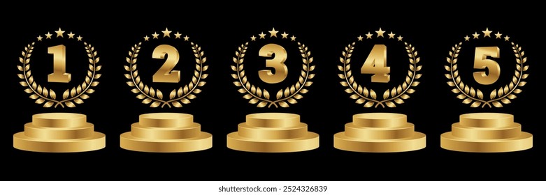 Set of Golden Number Award on Podium Stage. Number Ranking 1 2 3 4 5. Vector Illustration Isolated on White Background.