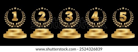 Set of Golden Number Award on Podium Stage. Number Ranking 1 2 3 4 5. Vector Illustration Isolated on White Background.