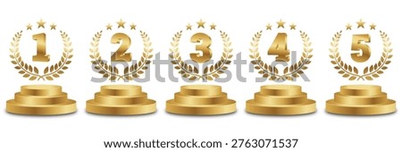 Set of Golden Number Award on Podium Stage. Number Ranking 1, 2, 3, 4, 5. Vector Illustration Isolated on White Background.