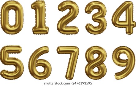 set of golden number balloons. collection of isolated gold helium balloons. realistic illustration