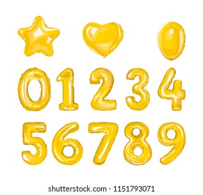 Set of golden number balloons. Helium balloon in heart and star shape.Decoration for birthday party. Isolated vector illustration