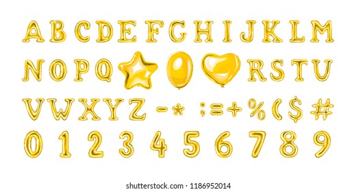 Set of golden number and letter balloons. Helium balloon in heart and star shape. Full 3d alphabet. Decoration for birthday party. Isolated vector illustration