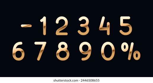 Set of golden numbers 0, 1, 2, 3, 4, 5, 6, 7, 8, 9, isolated on black background. Vector illustration