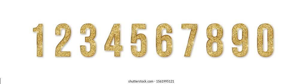 Set of golden numbers. Numbers from 0 to 9 with shimmering glitter isolated on white background. Golden dust, vector illustration, EPS10