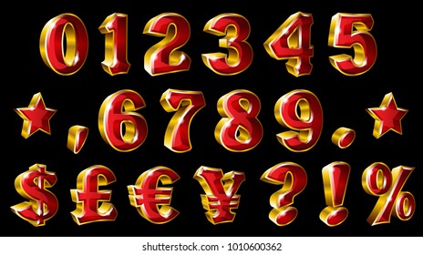 Set of golden numbers and currency symbols on black background. Ideal for adverts, brochure, flyer and any kind of decoration.