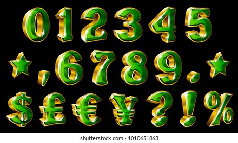 Set of golden numbers and currency symbols on black background. Ideal for adverts, brochure, flyer and any kind of decoration.