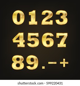 Set of golden numbers. Vector illustration. Golden glossy numbers on black background.