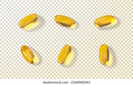 Set of golden oil capsules. Vector illustration with realistic softgels with fish oil, omega 3 or vitamin E, A. Golden transparent capsules isolated on checkered background. Dietary supplement. - Shutterstock ID 2260060345