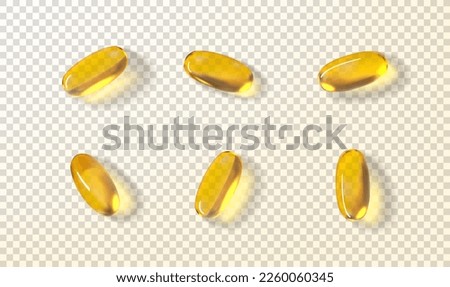 Set of golden oil capsules. Vector illustration with realistic softgels with fish oil, omega 3 or vitamin E, A. Golden transparent capsules isolated on checkered background. Dietary supplement.