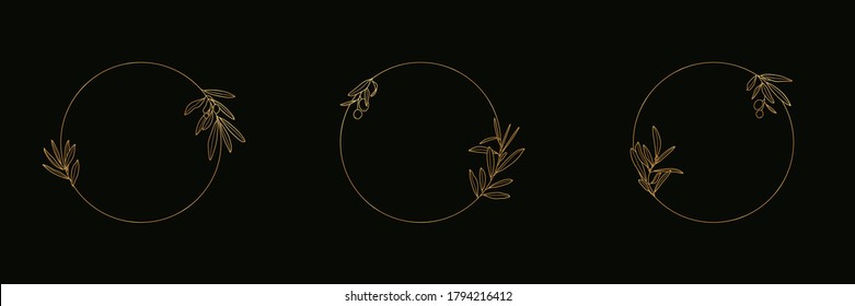 Set of Golden Olive Branch with Leaves and Fruit icon and Badge in a Trendy linear style. Vector round Floral logo emblem for packaging Oil, Cosmetics, Organic food, Wedding invitations and cards