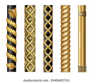 Set of golden oriental columns of Chinese and Japanese