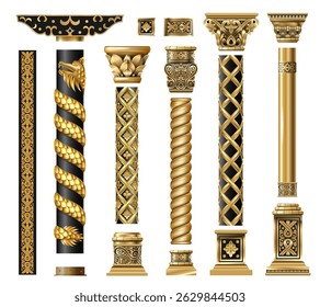 Set of golden oriental columns of Chinese and Japanese. Vector facade isolate.
